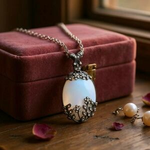Opalite ✦ Crystal Pendant Necklace ✦ 30ctw Floral Black Steel Matinee Chain NWT